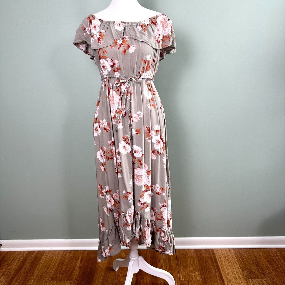 Band of Gypsies Strapless Midi Dress Floral Medium Button Front Green Cottage